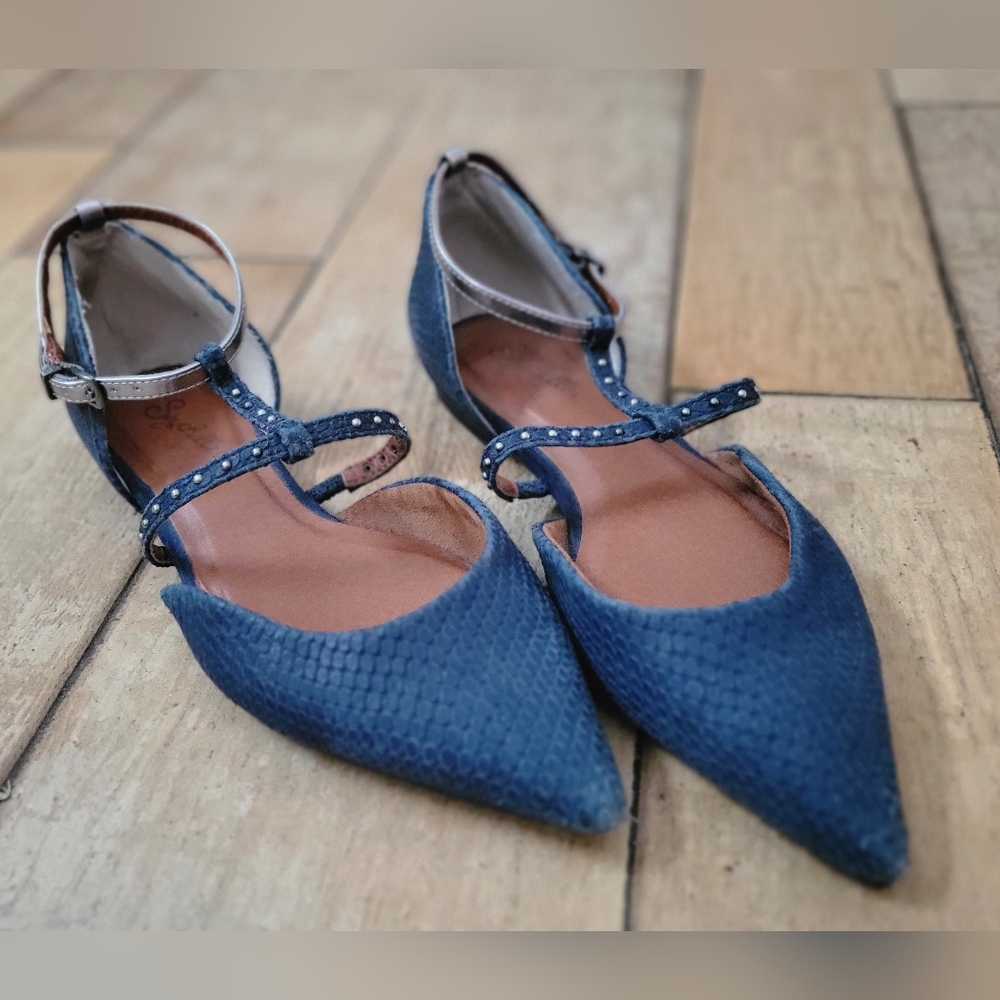 Seychelles pointed flat t strap Mary Jane dorsay 6 blue silver
